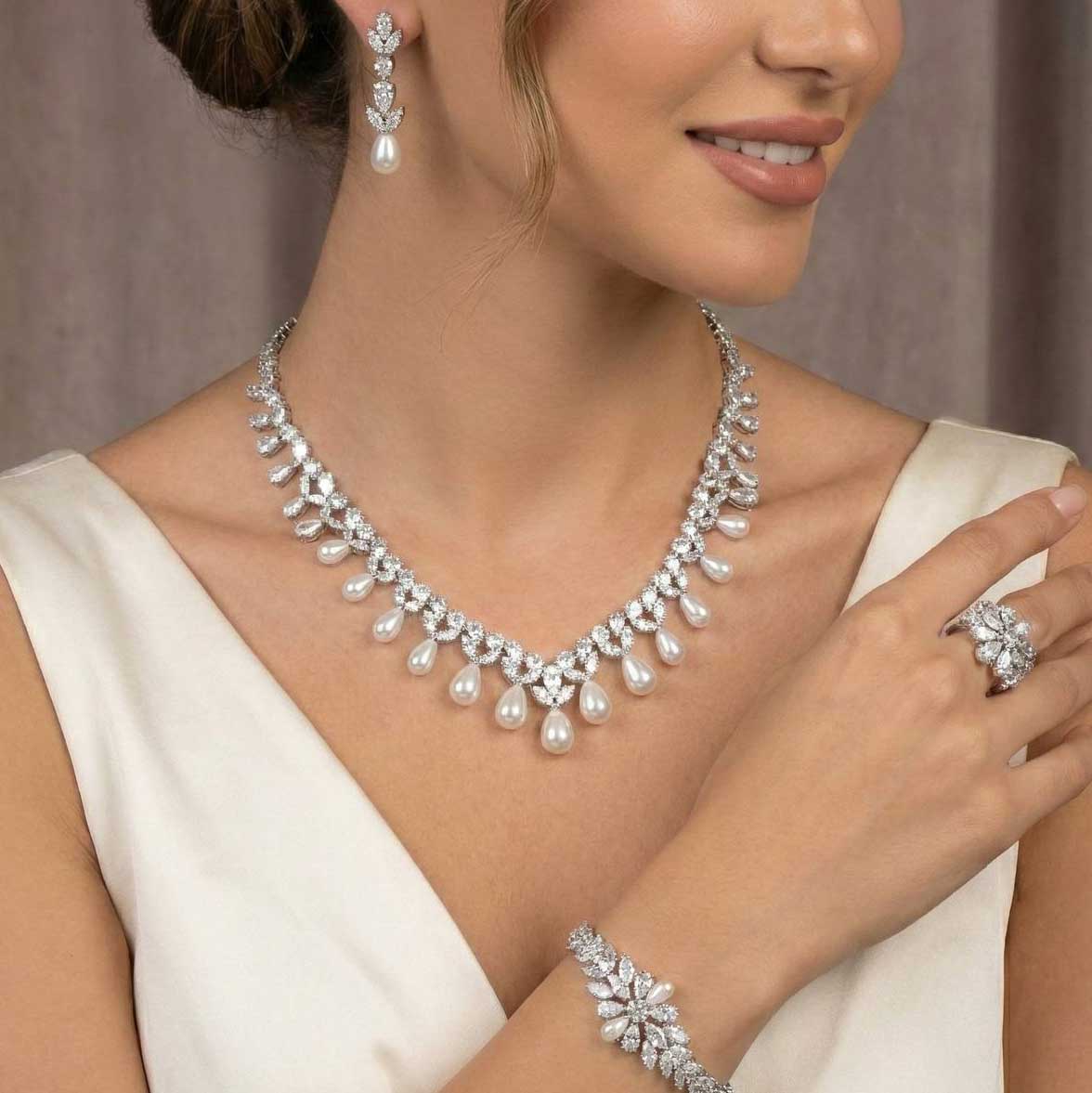 Omnia Luisa White Pearl Luxury Bridal Full Set in High Quality Rhodium Plated Zircon Stones د.إ - OMNIASTORES KSA