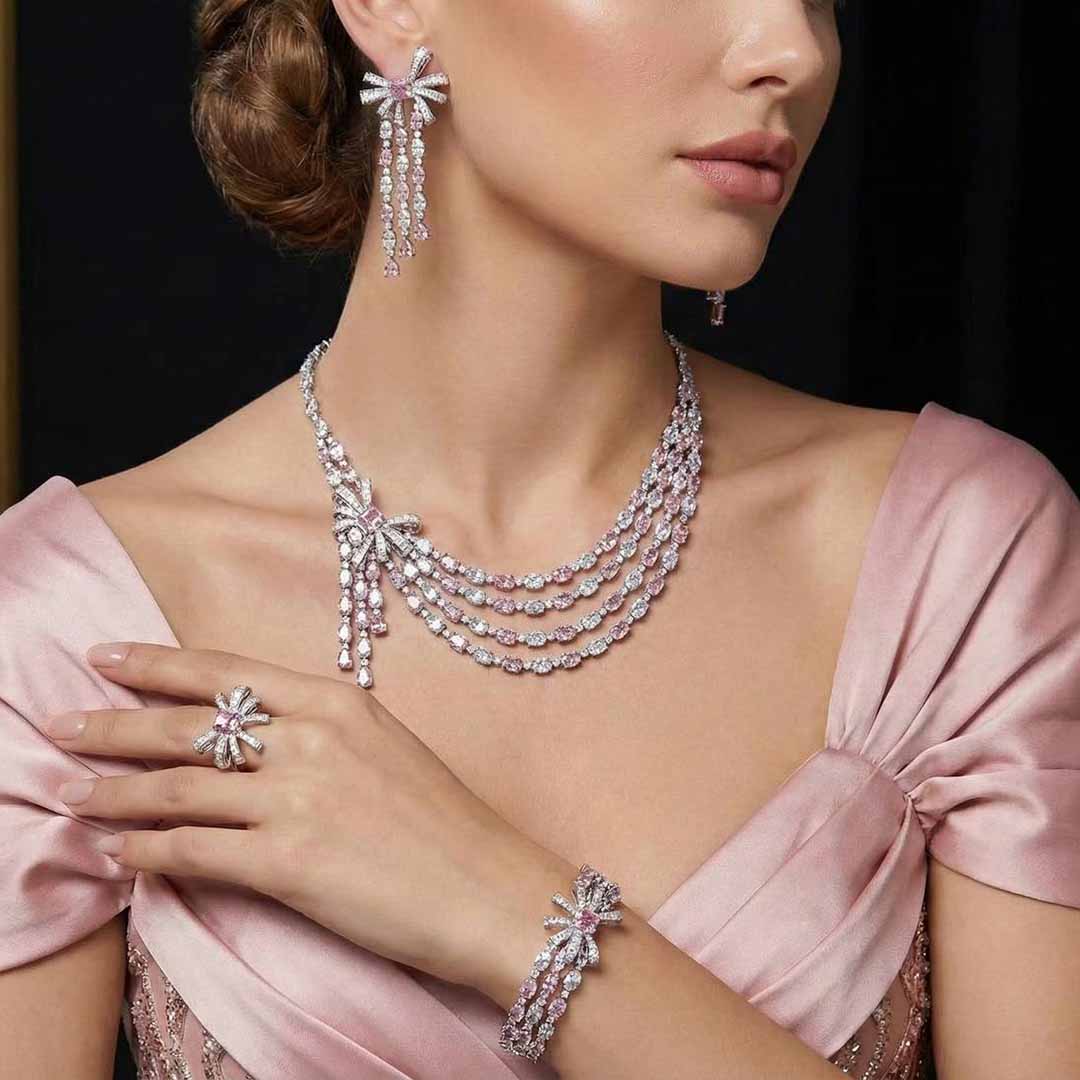 Omnia Mawada Pink Luxury Bridal Full Set in High Quality Zircon Stone Rhodium Plated - OMNIASTORES KSA