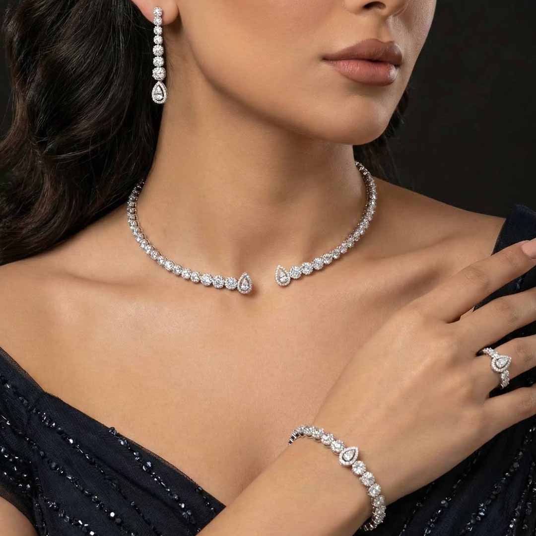 Omnia Mila Luxury White Choker Bridal Full Set in High Quality Zircon Stone Rhodium Plated - OMNIASTORES KSA