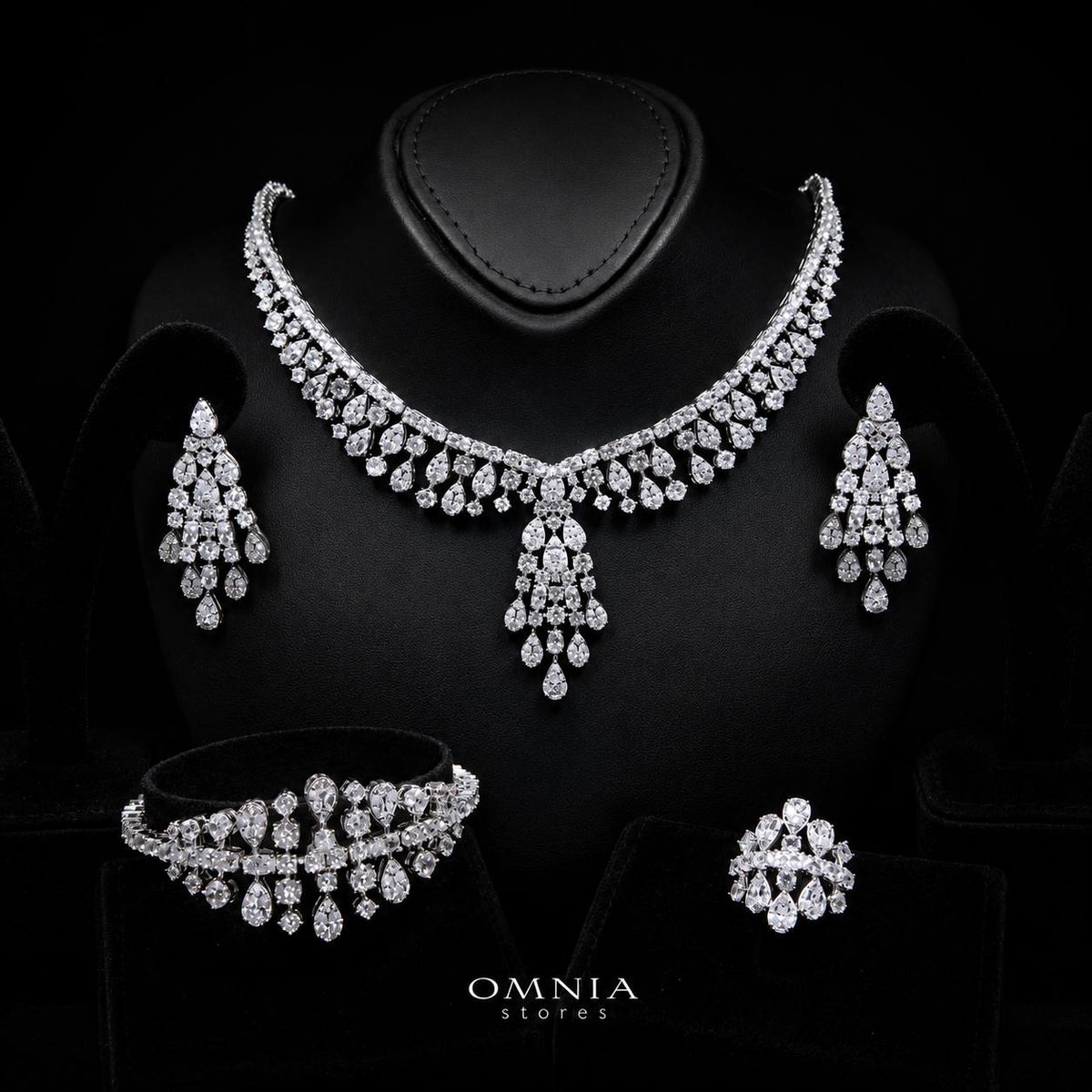 Omnia Minerva Luxury Bridal Full Set Accessories in High Quality Zircon Stone in Rhodium Plated - OMNIASTORES UAE