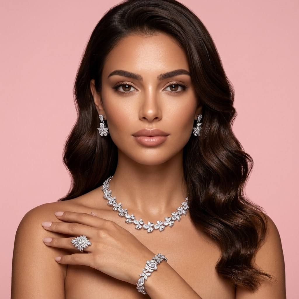 Omnia Muna White Bridal Full Set in High Quality Simulated Diamonds Premium Rhodium Plated - OMNIASTORES UAE