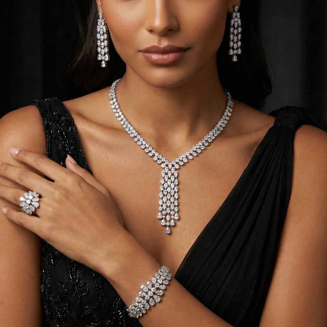 Omnia Myla White Luxury Bridal Full Set in High Quality Zircon Stone in Rhodium Plated - OMNIASTORES KSA
