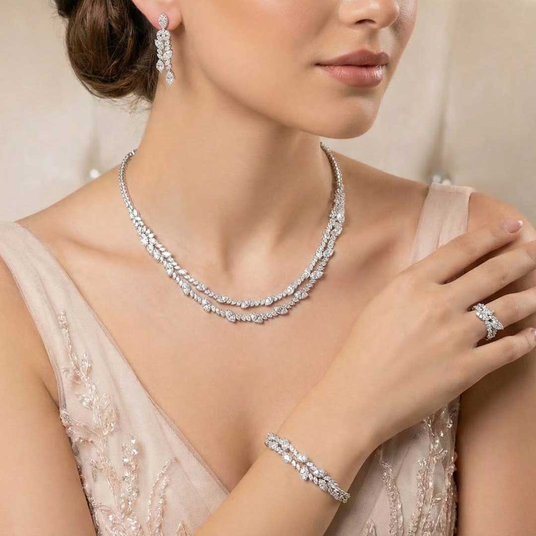 Omnia Nada White Bridal Full Set in High Quality Zircon Stone Rhodium Plated - OMNIASTORES KSA