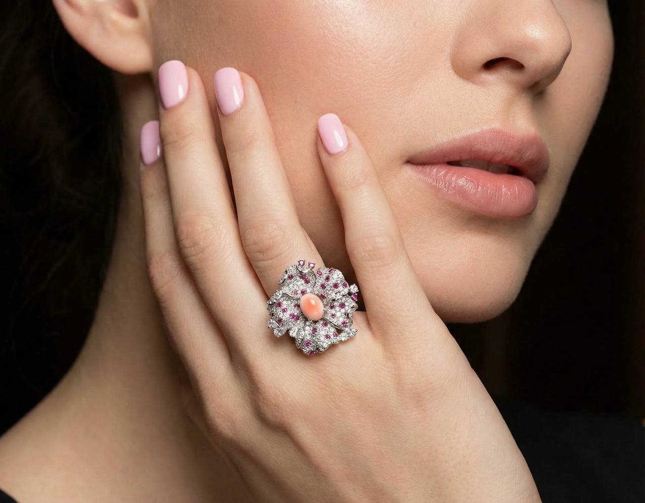 Omina Najiba Pink Coral Flower Ring in 925 Silver with High Quality Simulated Diamonds - OMNIASTORES KSA