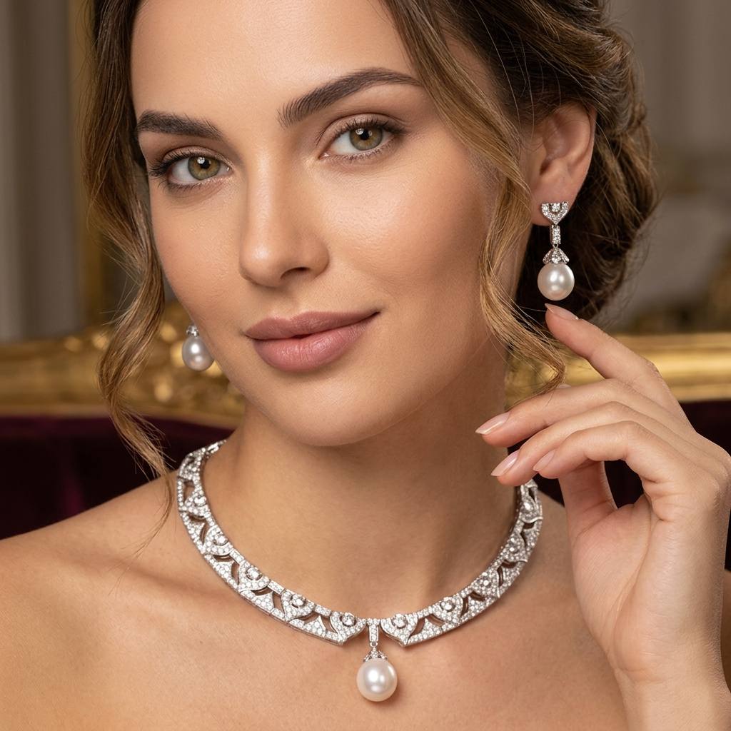 Omina Nouriya White Real Fresh Pear Necklace & Earrings in 925 Silver with High Quality Simulated Diamond Stones - OMNIASTORES KSA