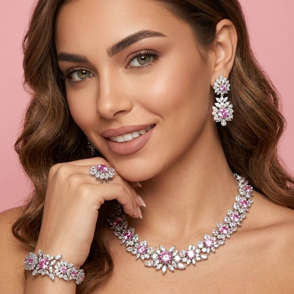 Omnia Nareen Pink Bridal Full Set in High Quality Simulated Diamonds Premium Rhodium Plated
