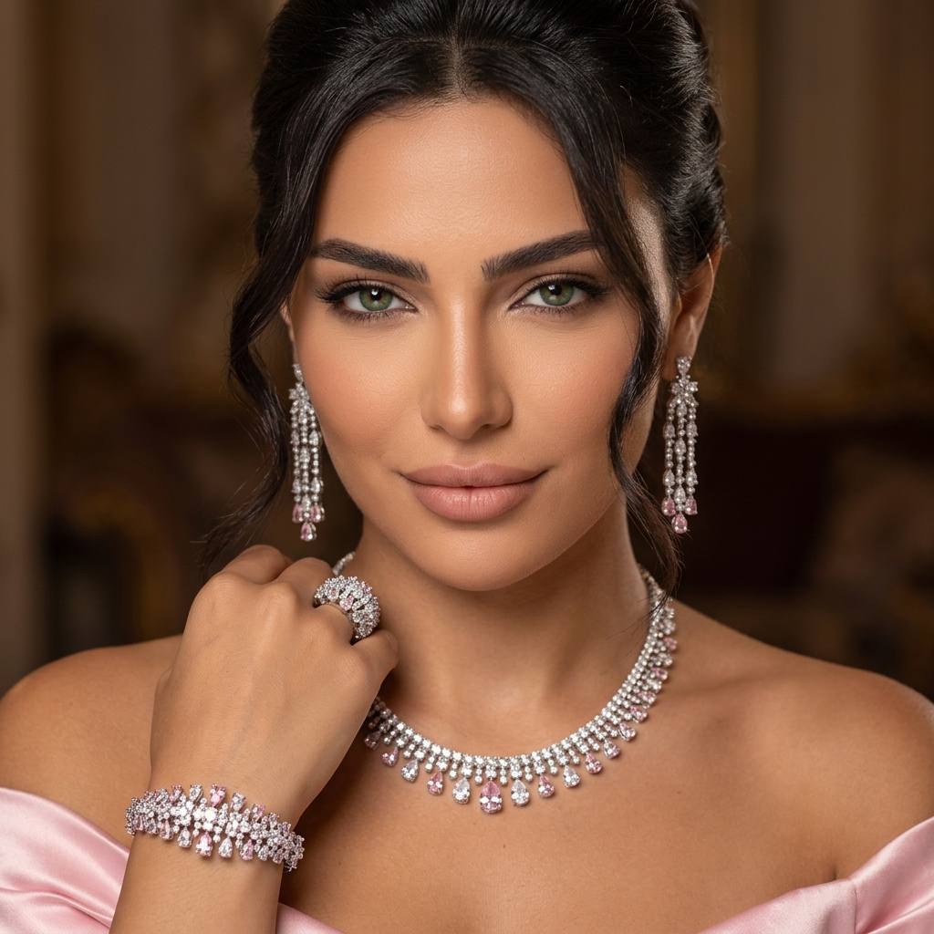 Omnia Nisrine Pink Bridal Full Set in High Quality Zircon Stone in Rhodium Plated - OMNIASTORES KSA