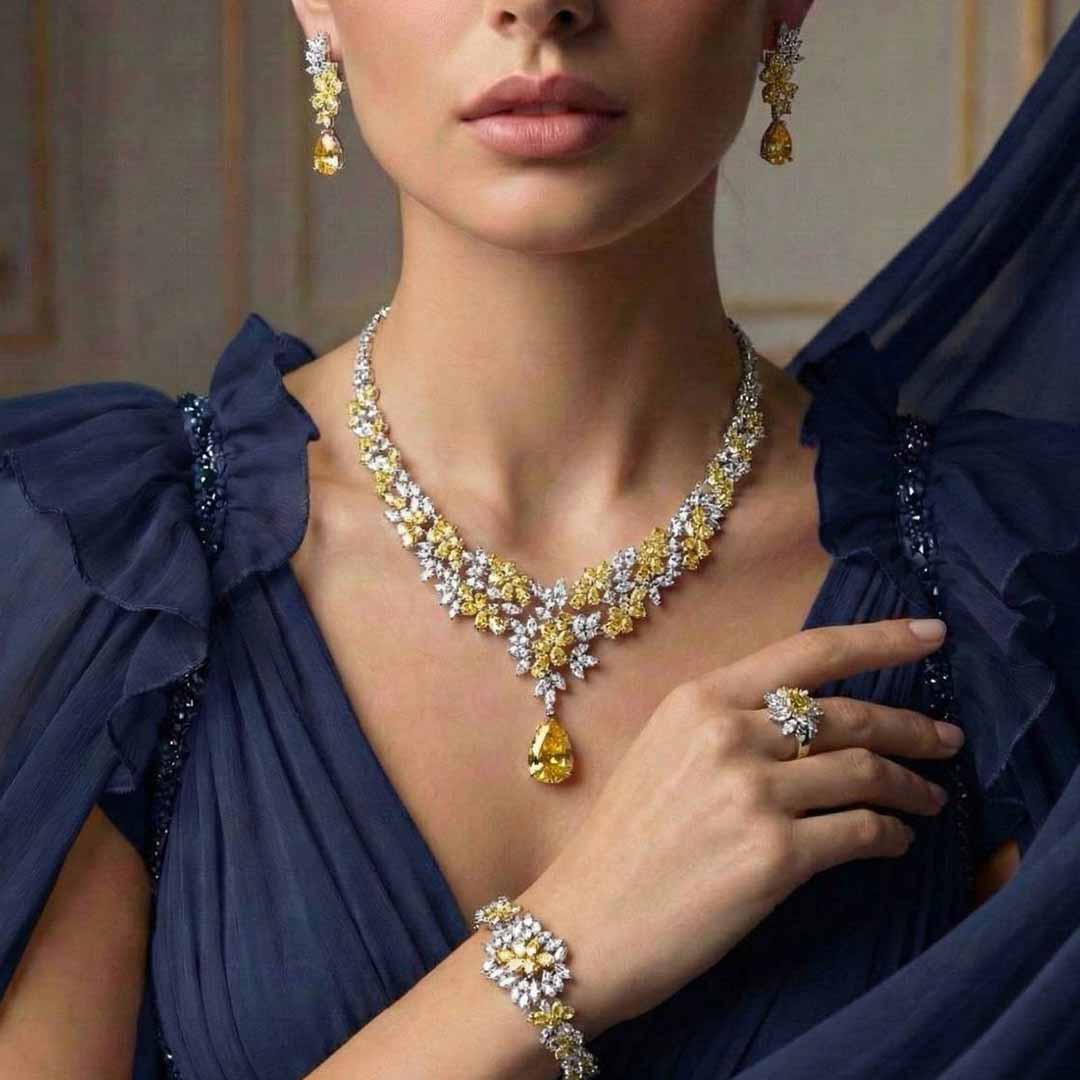 Omnia Nourah Yellow Luxury Bridal Full Set in High Quality Zircon Stone in Rhodium Plated