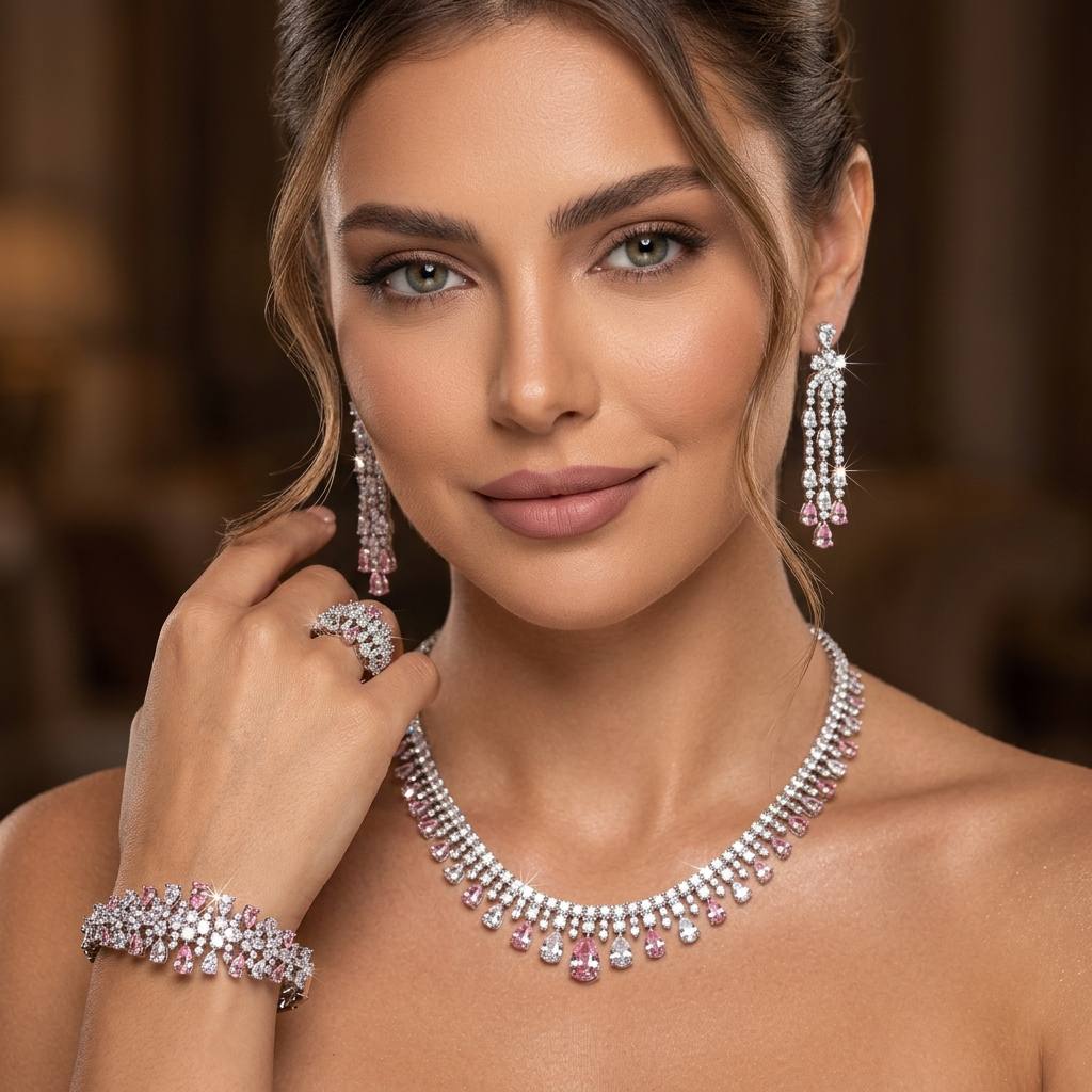 Omnia Nisrine Pink Bridal Full Set in High Quality Zircon Stone in Rhodium Plated - OMNIASTORES KSA