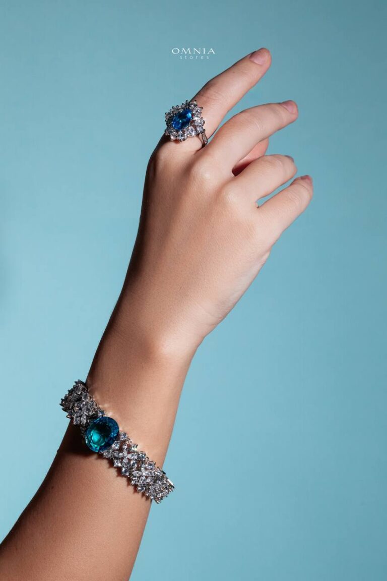 Omnia Suhana Sky Blue Bridal Full Set Designed with Pear-Cut and Round Simulated Diamonds in High-Quality Rhodium Plated Finish - OMNIASTORES KSA