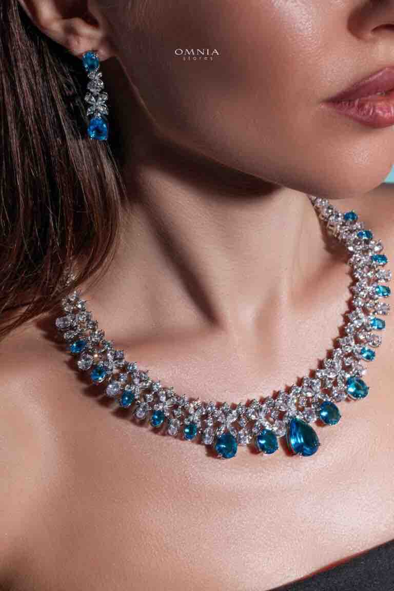 Omnia Suhana Sky Blue Bridal Full Set Designed with Pear-Cut and Round Simulated Diamonds in High-Quality Rhodium Plated Finish - OMNIASTORES KSA