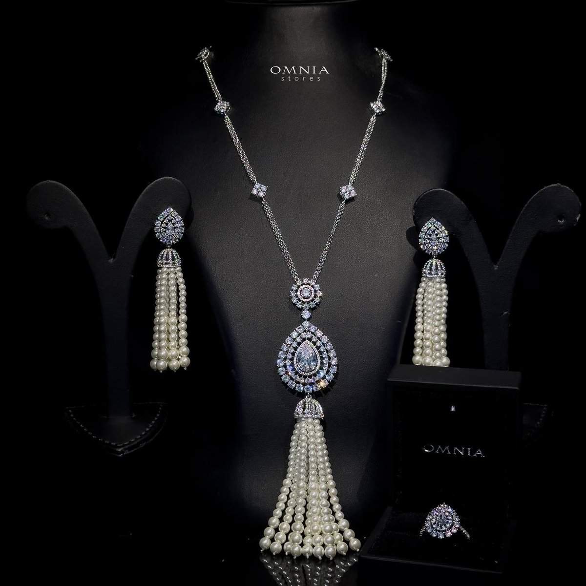 Omnia Asma Long chain Set Accessories High Quality Zircon Stone In Rhodium Plated - OMNIASTORES UAE