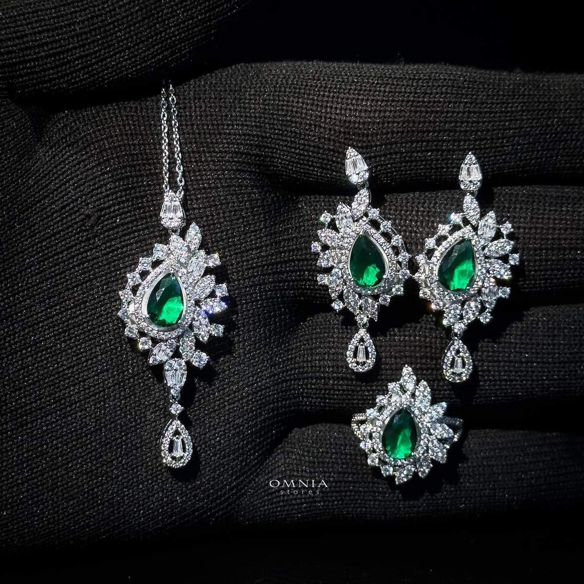 Omnia Sandra Green Set in High Quality Zircon Stone Rhodium Plated - OMNIASTORES UAE