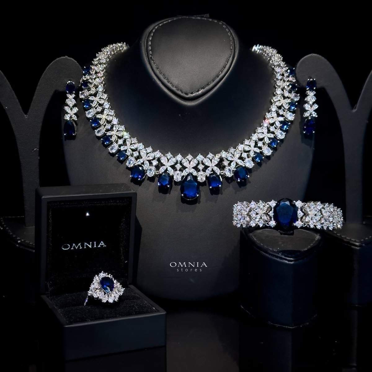 Omnia Suhana Dark Blue Bridal Full Set in High Quality Simulated Diamonds - OMNIASTORES UAE
