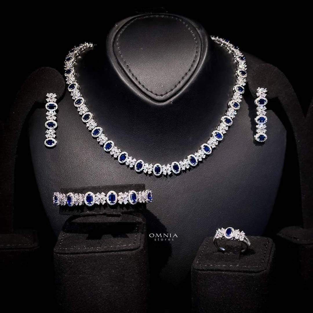 Omnia Mira Blue Bridal Full Set in High Quality Zircon Stone Rhodium Plated - OMNIASTORES KSA