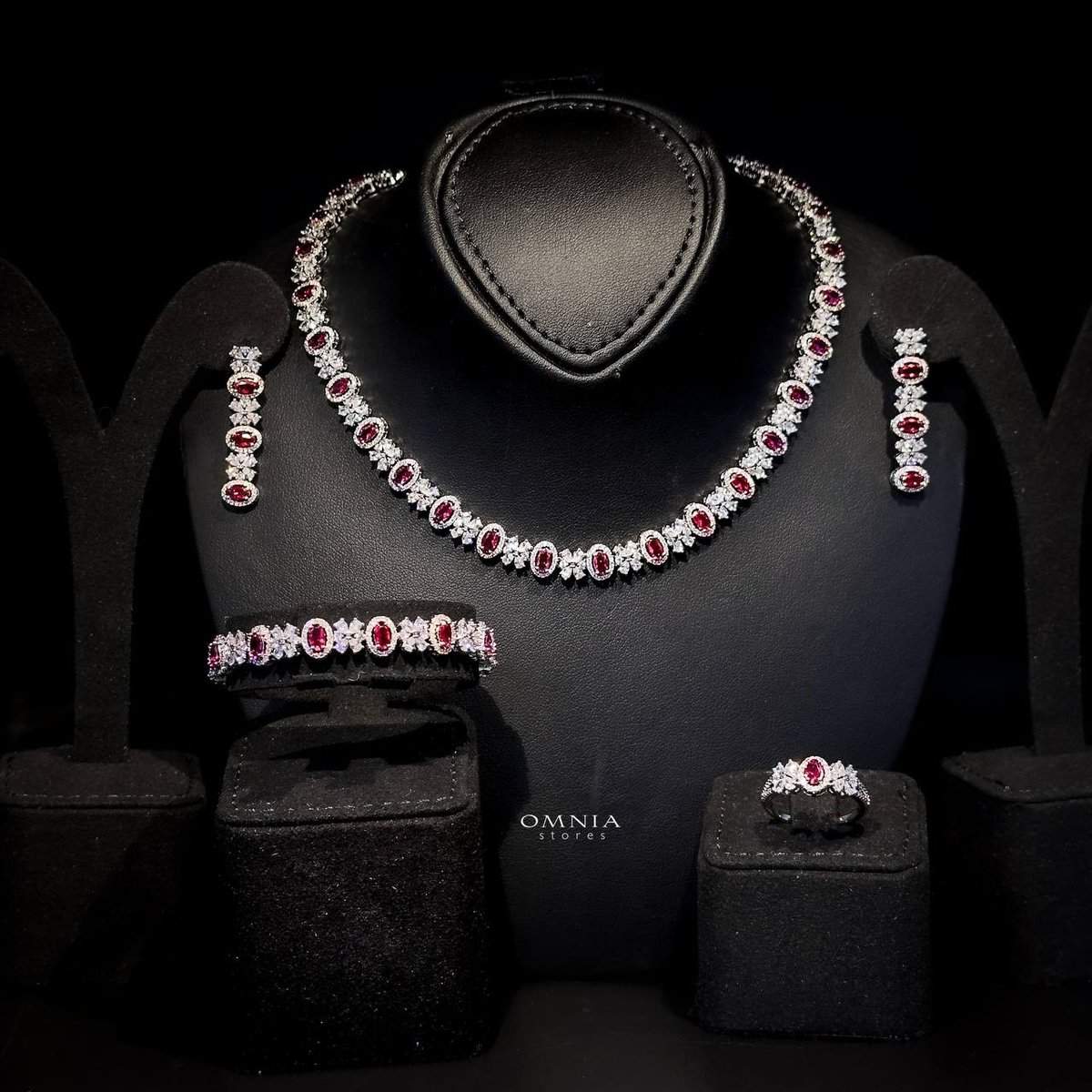 Omnia Mira Red Bridal Full Set in High Quality Zircon Stone Rhodium Plated - OMNIASTORES KSA
