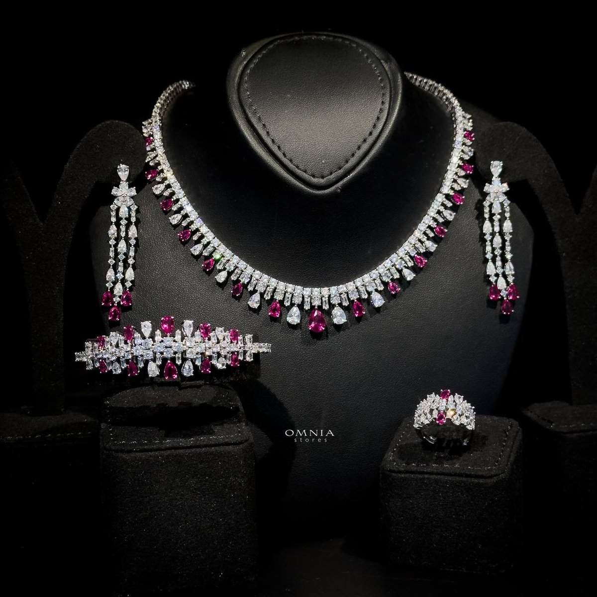 Omnia Nisrine Maroon Bridal Full Set Accessories in High Quality Zircon Stone in Rhodium Plated - OMNIASTORES UAE