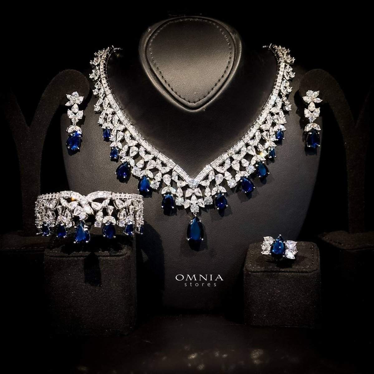 Omnia Princess Dark Blue Bridal Full Set in High Quality Simulated Diamonds - OMNIASTORES UAE