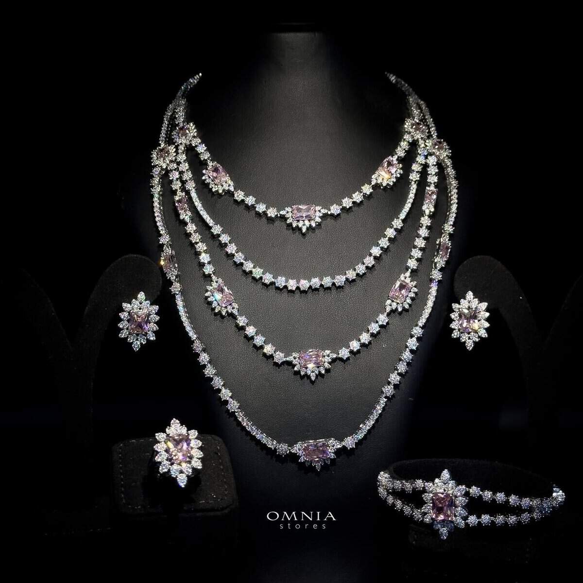 Omnia Blair Pink Bridal Full Set in High Quality Simulated Diamonds Premium Rhodium Plated - OMNIASTORES UAE