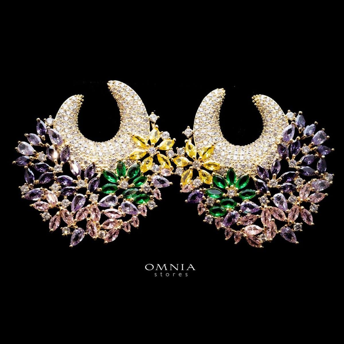 Omnia Layla Golden Floral Crescent Hoop Earrings with Multicolor Zircon Accents in High Quality Zircon Stone Rhodium Plated - OMNIASTORES UAE