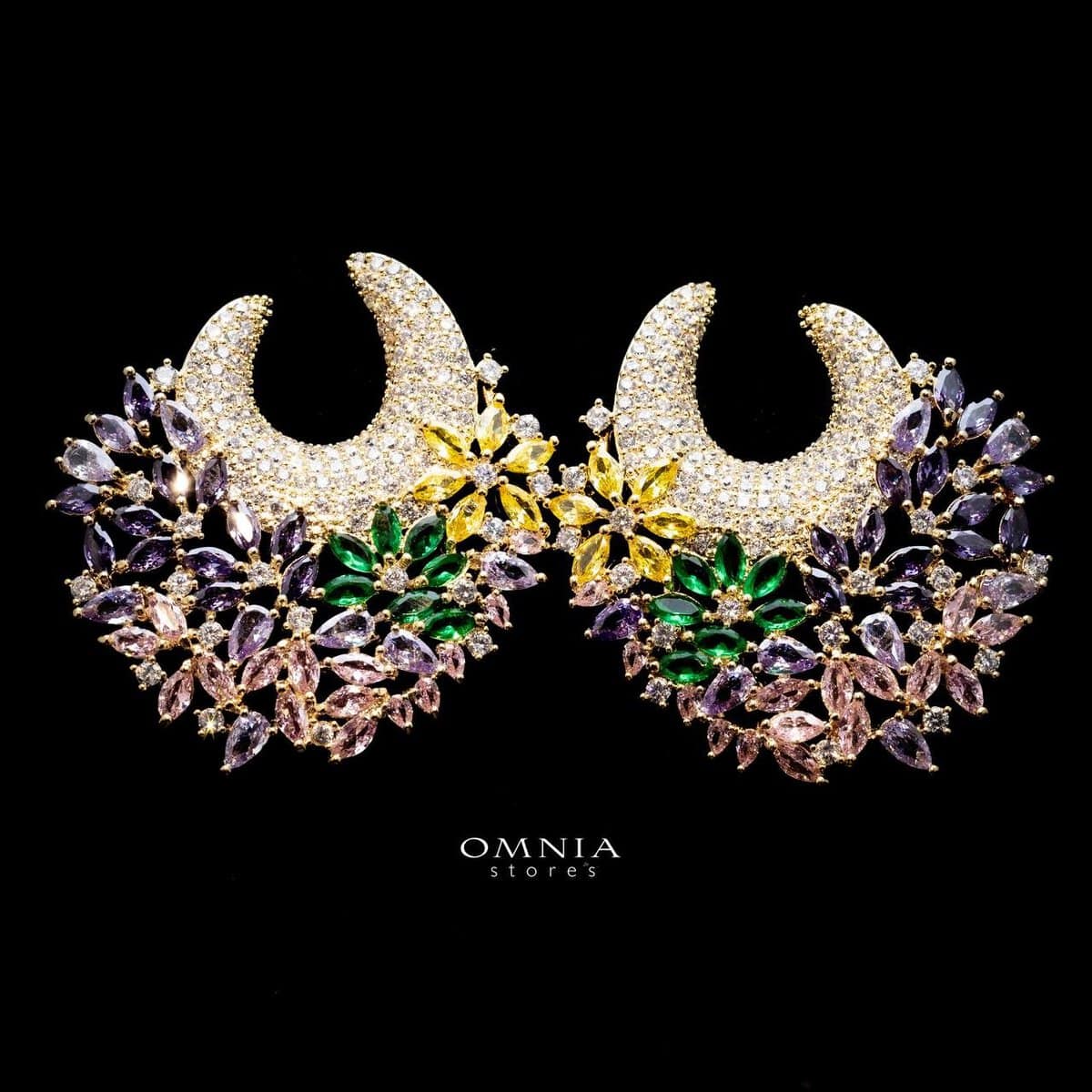 Omnia Layla Golden Floral Crescent Hoop Earrings with Multicolor Zircon Accents in High Quality Zircon Stone Rhodium Plated - OMNIASTORES UAE