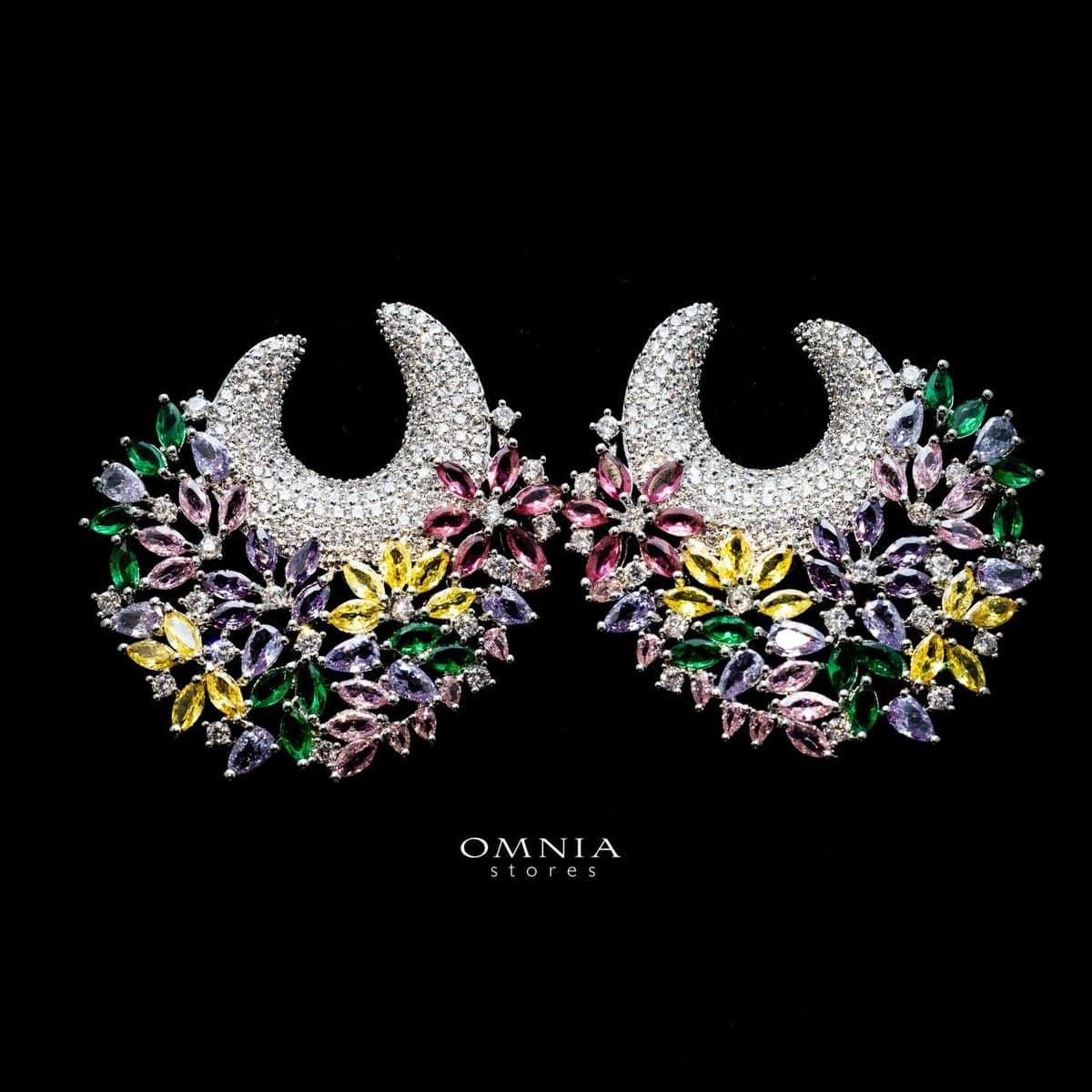 Omnia Layla Silver Floral Crescent Hoop Earrings with Multicolor Zircon Accents in High Quality Zircon Stone Rhodium Plated - OMNIASTORES UAE