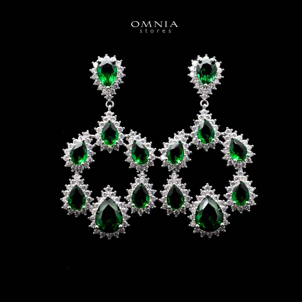 Omnia Hamem Teardrop Chandelier Earrings with Green Zircon in High Quality Rhodium Plated - OMNIASTORES UAE