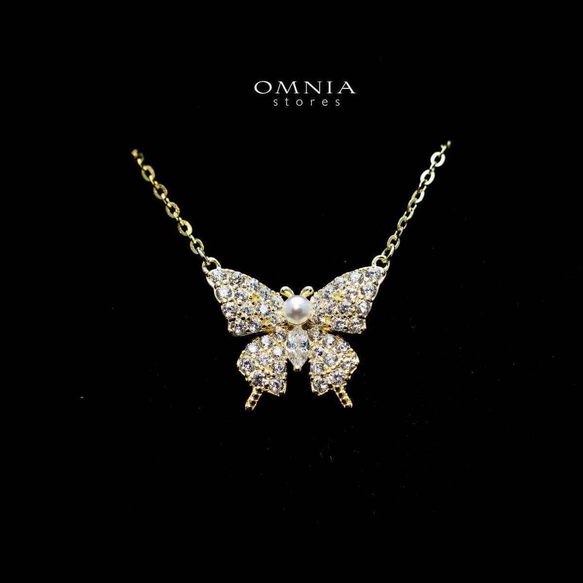Omnia Sara Butterfly Necklace with High Quality Iced Cut Stone and Pearl in 92.5 Silver - OMNIASTORES UAE