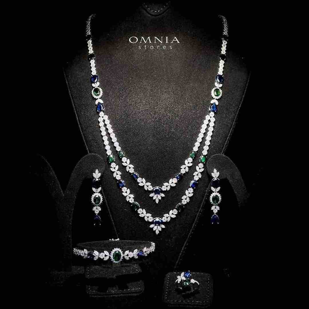 Omnia Jade Blue and Green Bridal Long Chain Set Accessories in High Quality Zircon Stone Rhodium Plated - OMNIASTORES KSA