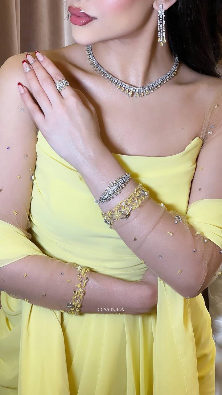Omnia Nisrine Yellow Bridal Full Set in High Quality Zircon Stone Rhodium Plated - OMNIASTORES UAE