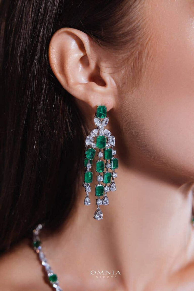 Omnia Israa Green Chandelier Earrings In 92.5 Silver High Quality Simulated diamonds - OMNIASTORES KSA