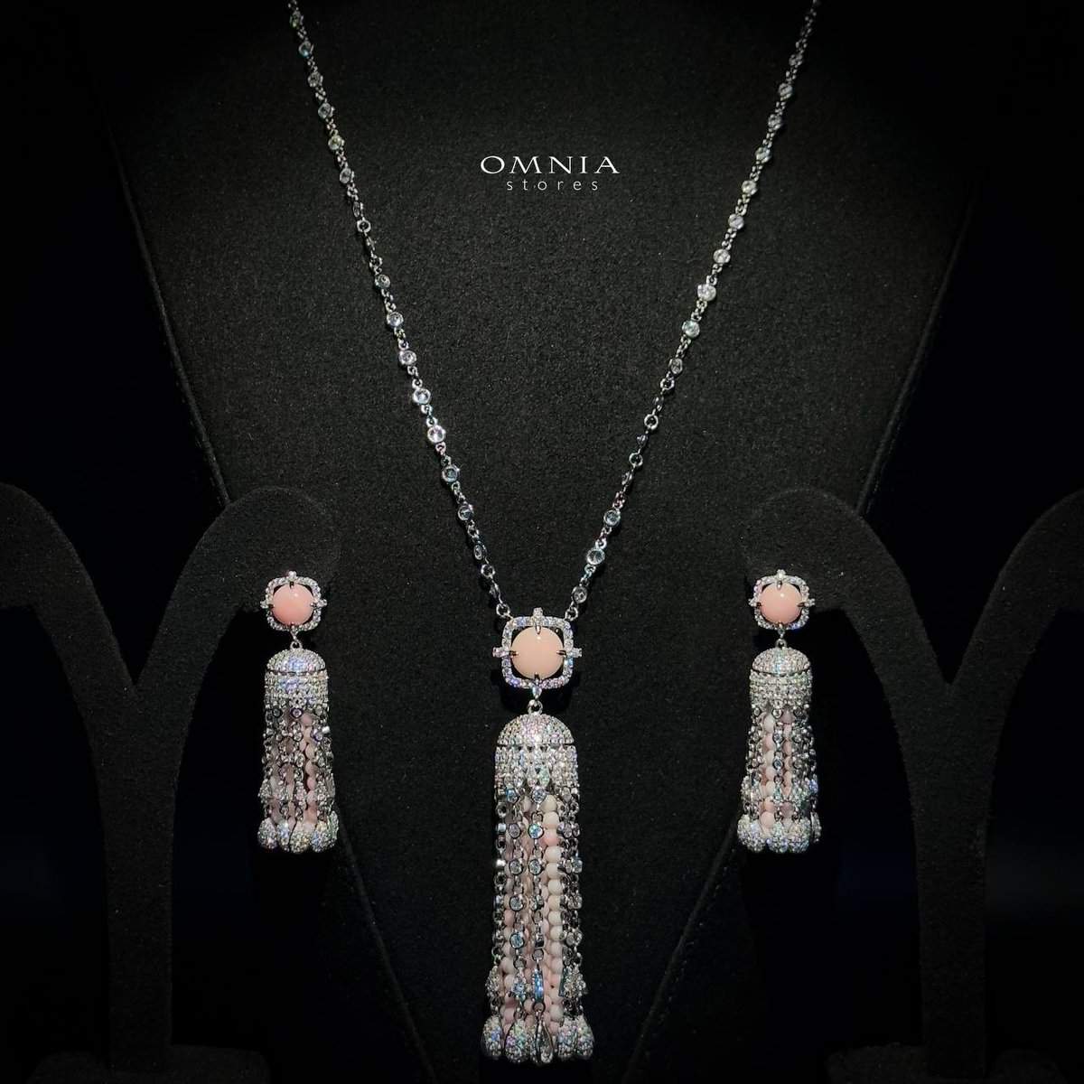 Omnia Yasmin Pink Long Chain Tassel Necklace & Earrings in 92.5 Silver with High Quality Simulated Diamonds - OMNIASTORES UAE