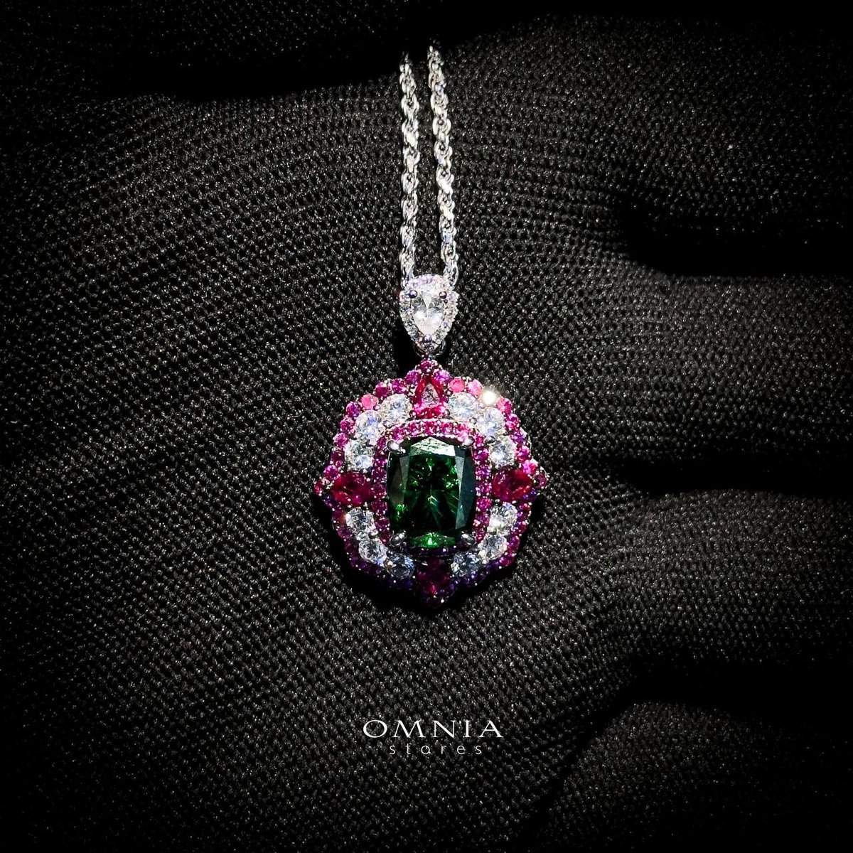 Omnia Maliya Green and Pink Necklace in 92.5 Silver with High Quality Simulated Diamonds - OMNIASTORES UAE