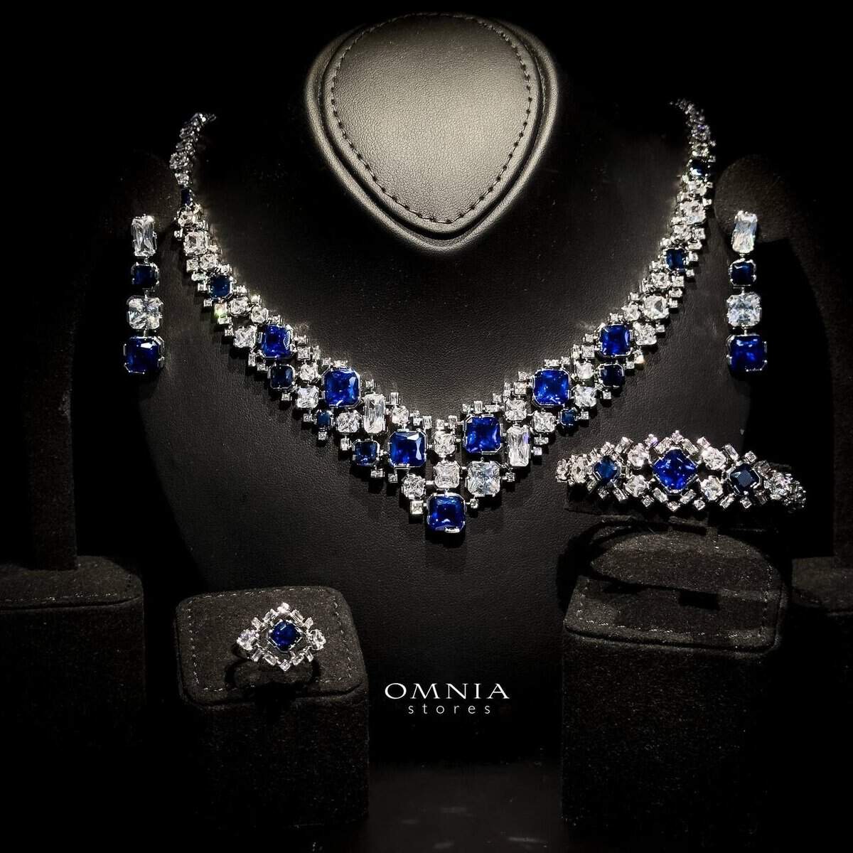 Omnia Catherine Blue Bridal Full Set in High Quality Zircon Stone Rhodium Plated - OMNIASTORES UAE