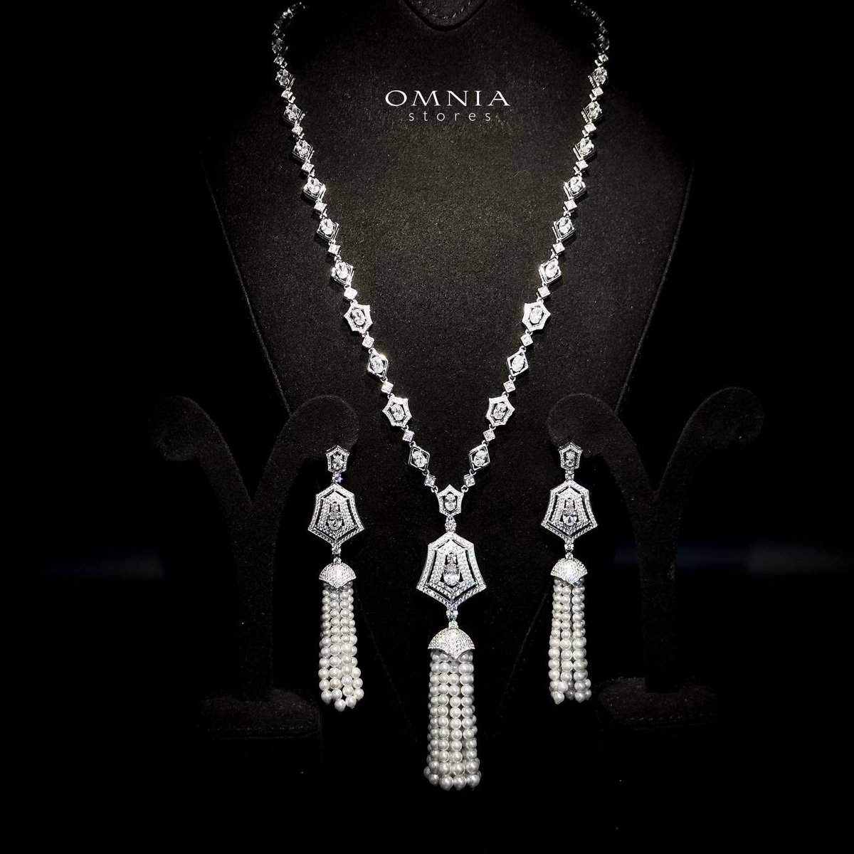 Omnia Lulu White Set in 92.5 Silver with High Quality Simulated Diamonds and Pearl Tassel Detailing - OMNIASTORES UAE