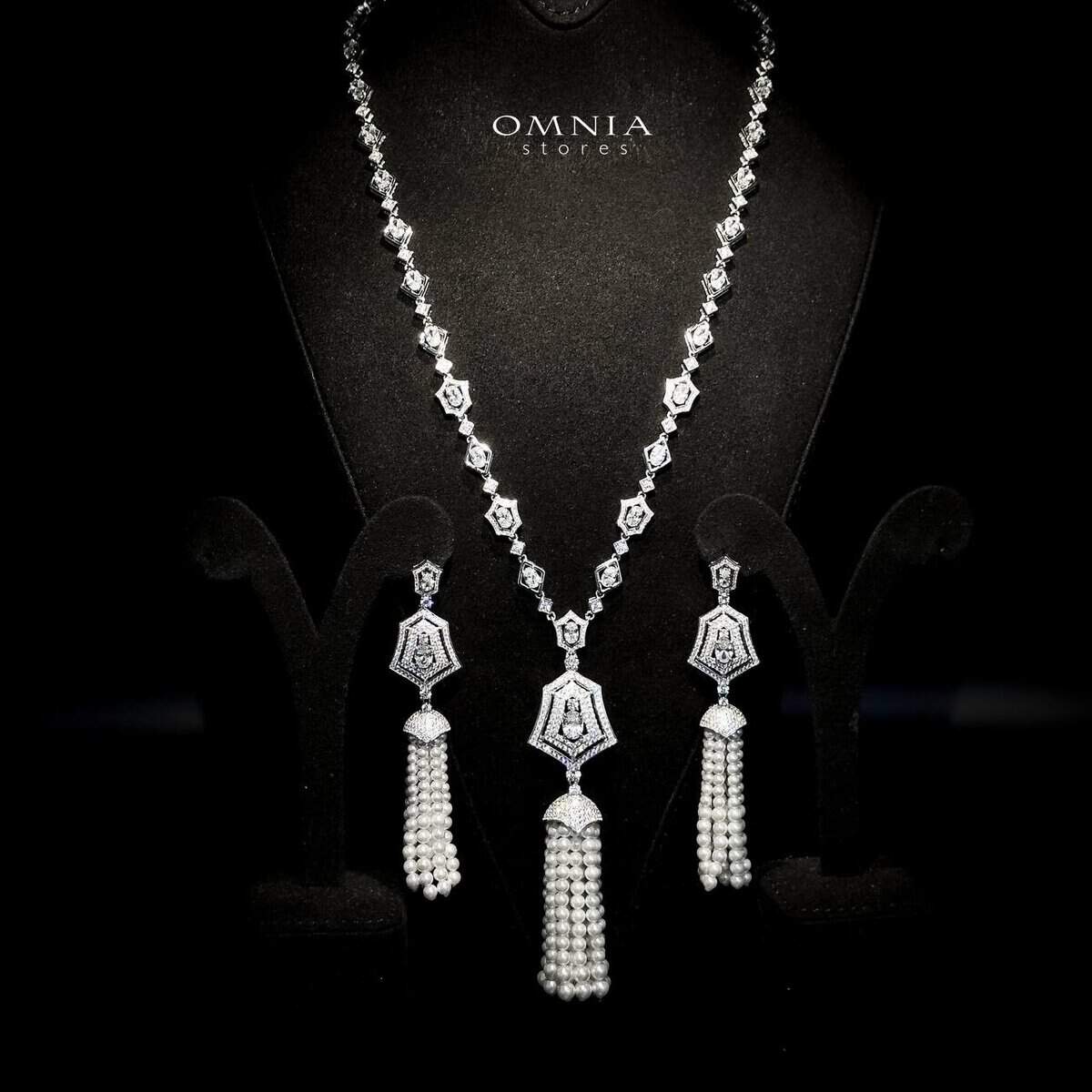 Omnia Lulu White Set in 92.5 Silver with High Quality Simulated Diamonds and Pearl Tassel Detailing - OMNIASTORES UAE
