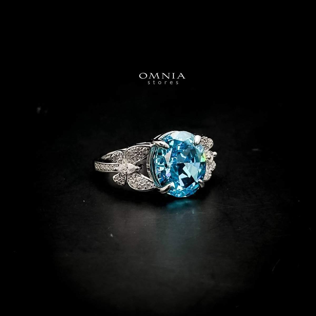 Omnia Maysun Baby Blue Oval Ring in 92.5 Silver with High Quality Simulated Diamonds - OMNIASTORES UAE