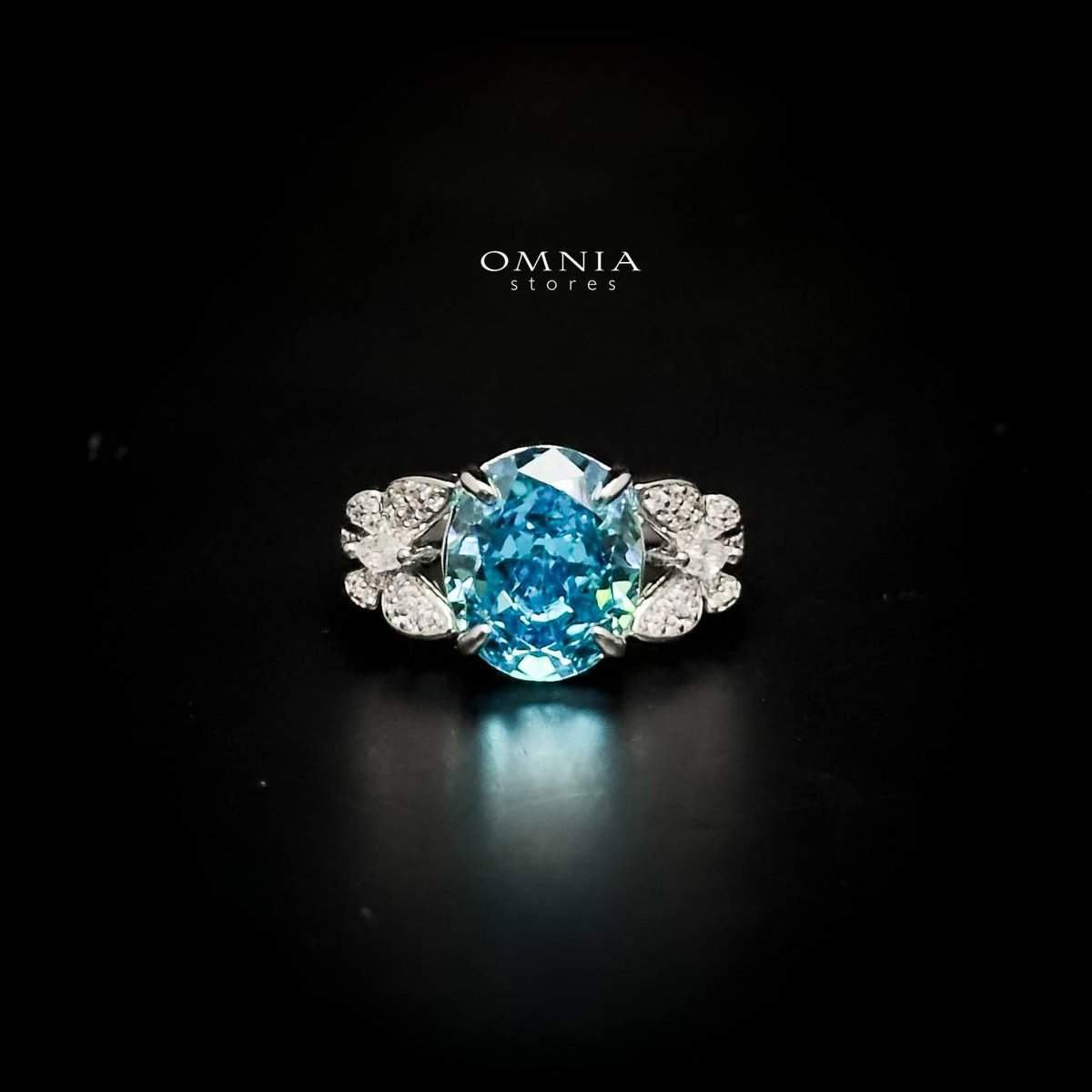 Omnia Maysun Baby Blue Oval Ring in 92.5 Silver with High Quality Simulated Diamonds - OMNIASTORES UAE