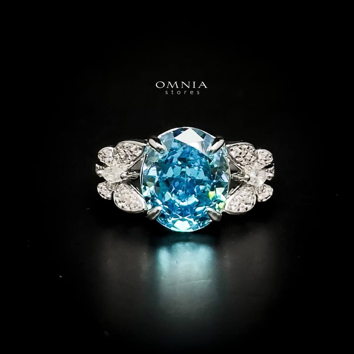 Omnia Maysun Baby Blue Oval Ring in 92.5 Silver with High Quality Simulated Diamonds - OMNIASTORES UAE