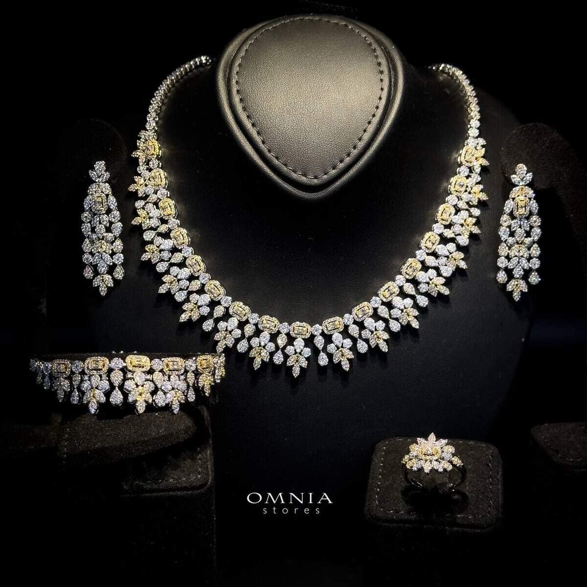 Omnia Sara Golden Bridal Full Set with Leaf Cut Stones in High Quality Zircon Stone in Rhodium Plated