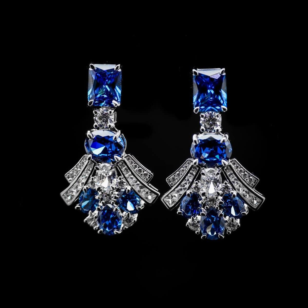 Omnia Karina Blue Mixed-Cut Drop Earrings in 92.5 Silver with High Quality Simulated Diamonds - OMNIASTORES UAE