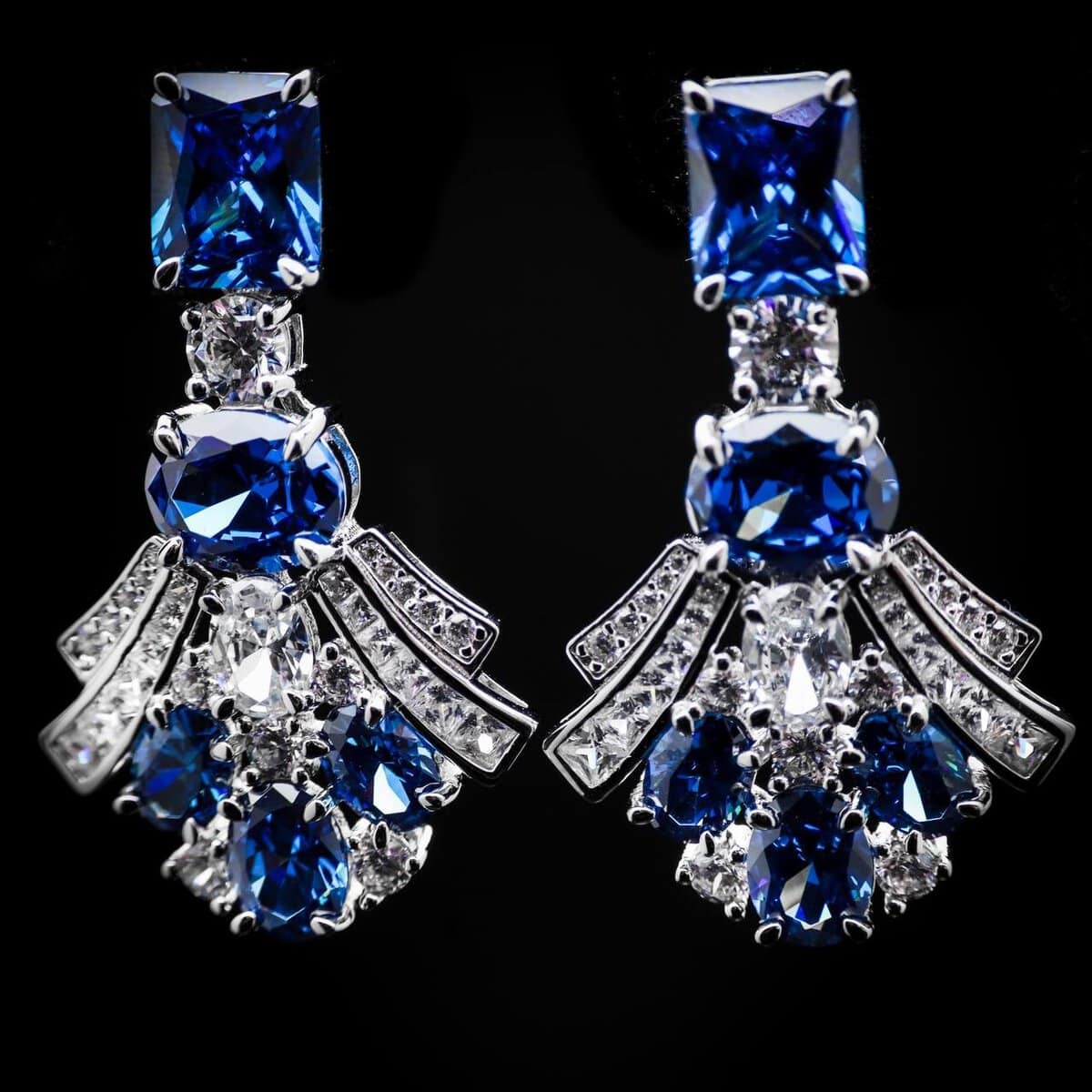 Omnia Karina Blue Mixed-Cut Drop Earrings in 92.5 Silver with High Quality Simulated Diamonds - OMNIASTORES UAE