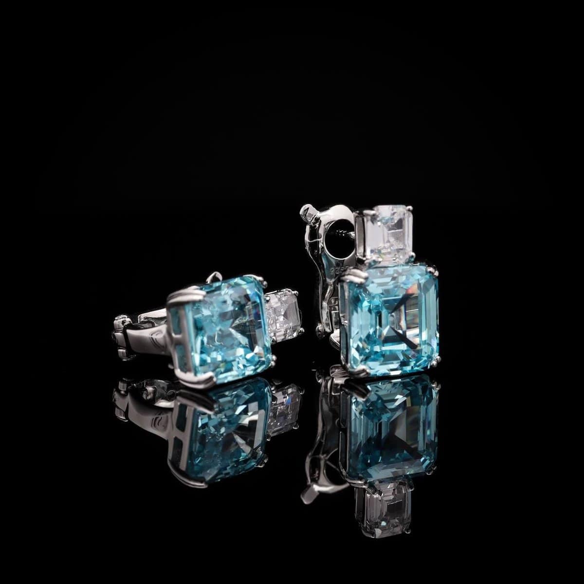 Omnia Candice Sky blue Emerald Cut Clip-On Earrings in 92.5 Silver with High Quality Simulated Diamonds - OMNIASTORES UAE