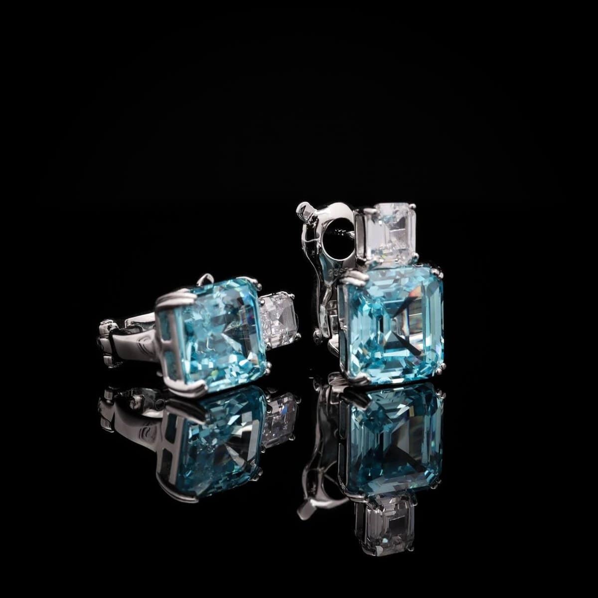 Omnia Candice Sky blue Emerald Cut Clip-On Earrings in 92.5 Silver with High Quality Simulated Diamonds - OMNIASTORES UAE