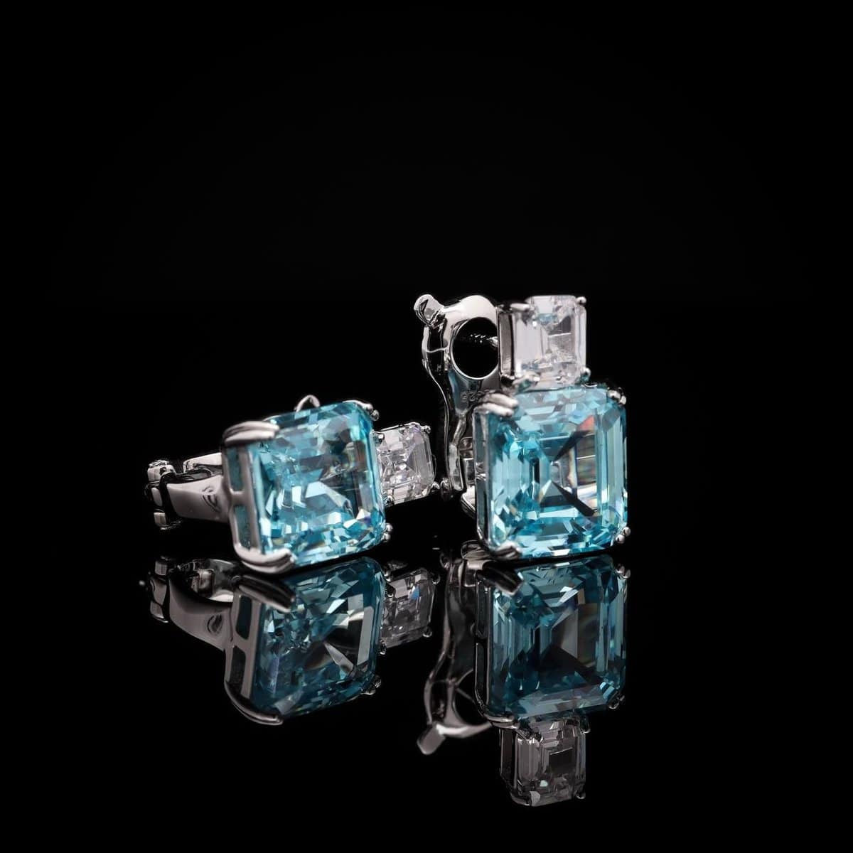 Omnia Candice Sky blue Emerald Cut Clip-On Earrings in 92.5 Silver with High Quality Simulated Diamonds - OMNIASTORES UAE