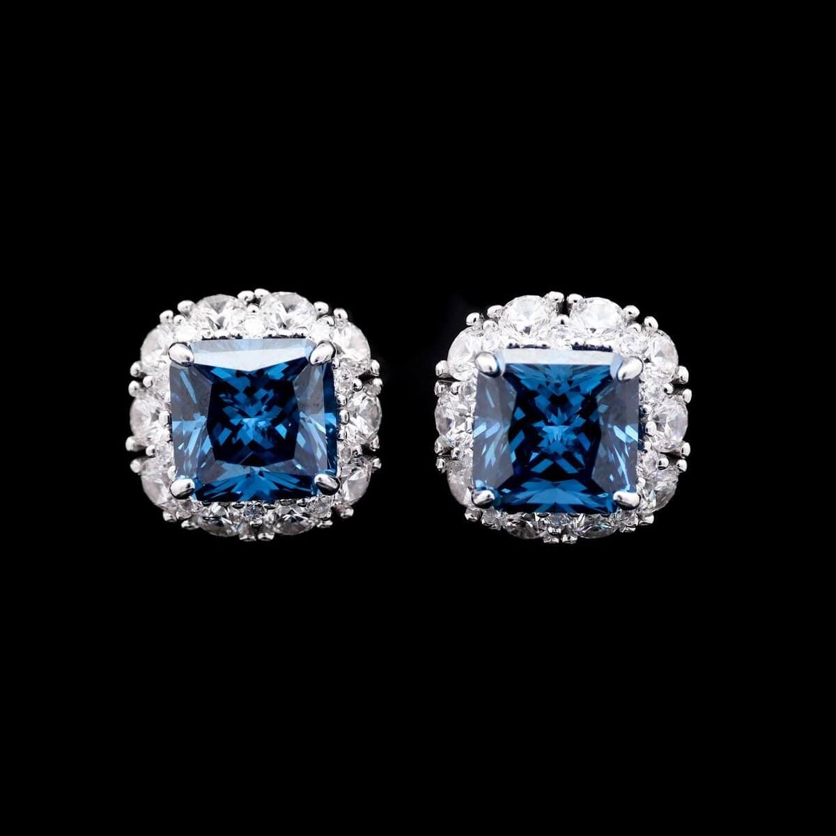 Omnia Jovie Royal Blue Princess Cut Stud Earrings in 92.5 Silver with High-Quality Simulated Diamonds - OMNIASTORES UAE
