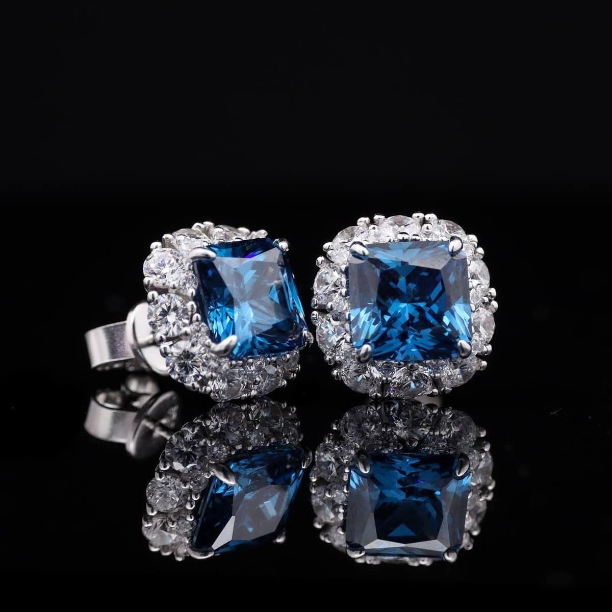 Omnia Jovie Royal Blue Princess Cut Stud Earrings in 92.5 Silver with High-Quality Simulated Diamonds - OMNIASTORES UAE