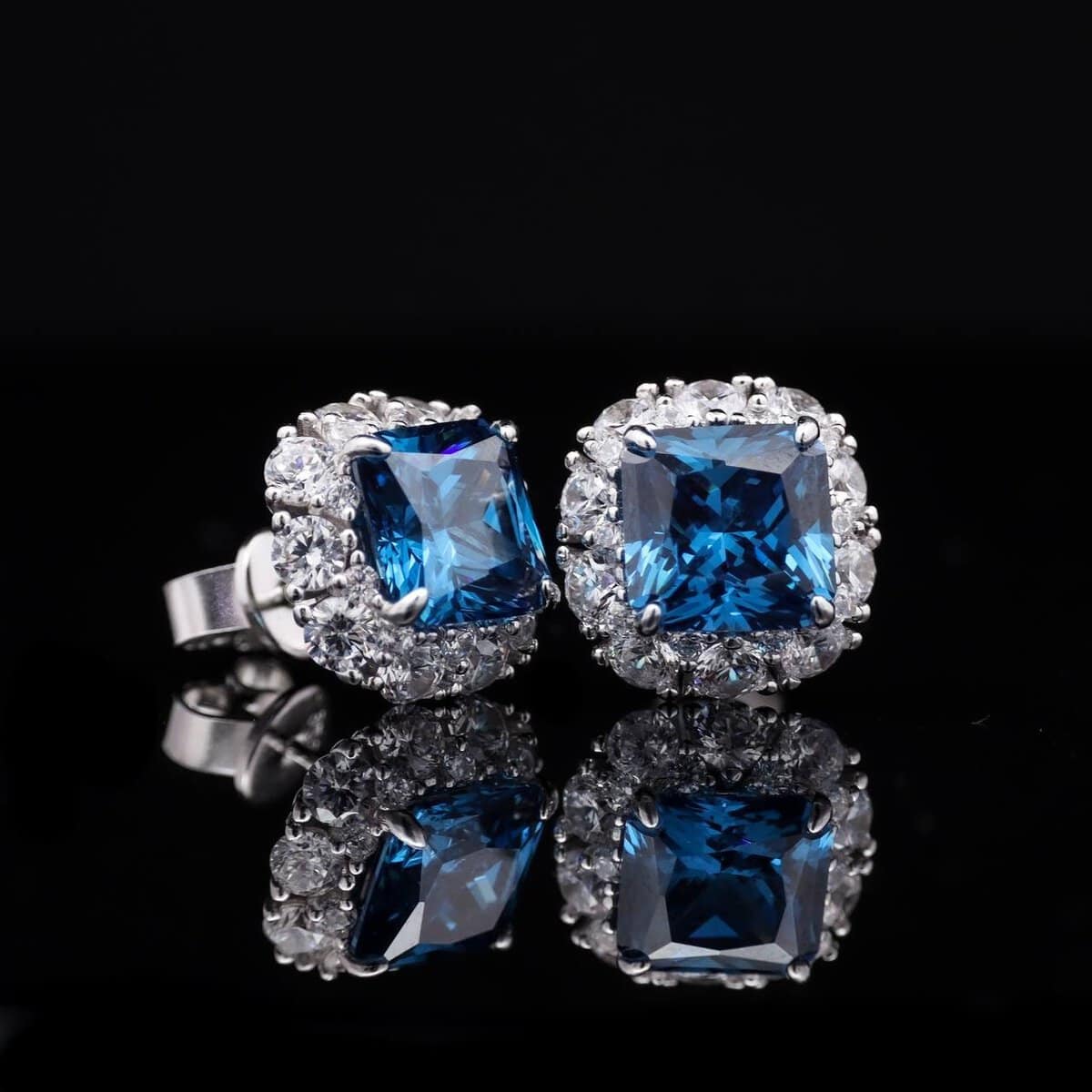Omnia Jovie Royal Blue Princess Cut Stud Earrings in 92.5 Silver with High-Quality Simulated Diamonds - OMNIASTORES UAE