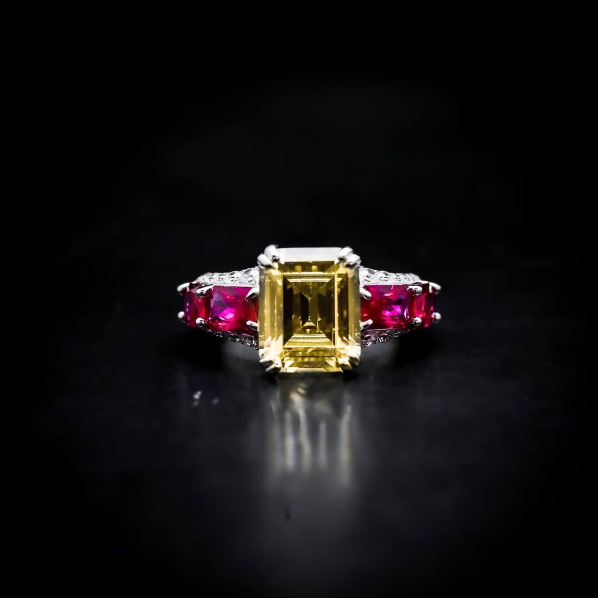 Omnia Zayna Yellow Emerald Cut Ring 92.5 Silver with High-Quality Simulated Diamonds and Ruby Accents - OMNIASTORES UAE