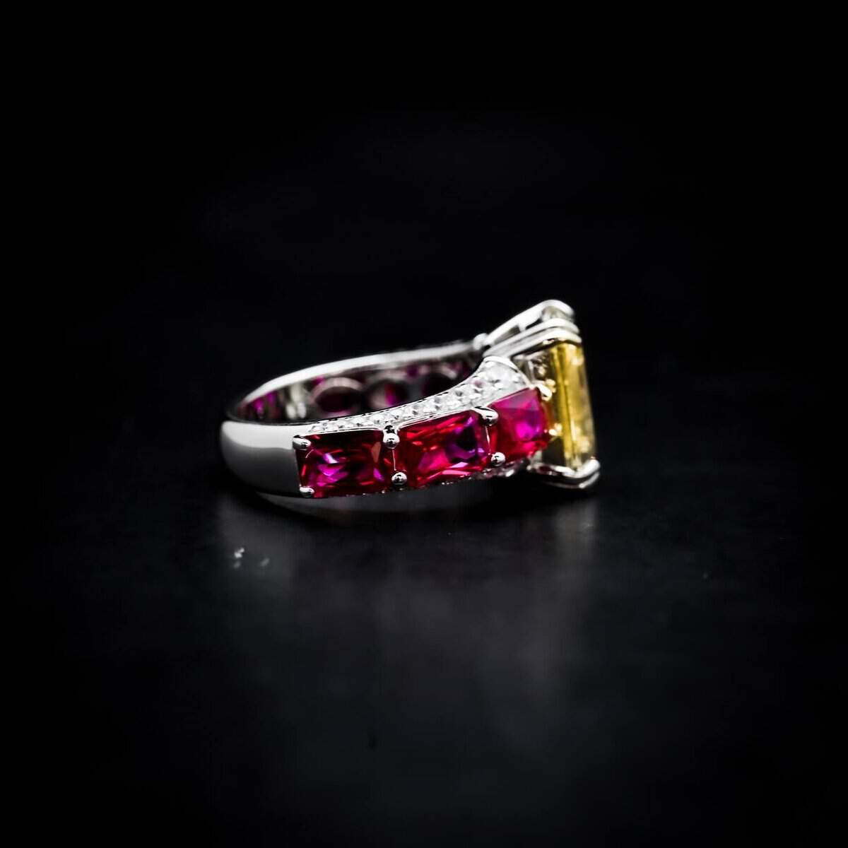 Omnia Zayna Yellow Emerald Cut Ring 92.5 Silver with High-Quality Simulated Diamonds and Ruby Accents - OMNIASTORES UAE